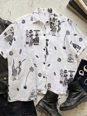 Vintage Hot Cotton Marc Ware 100% Linen Boxy Shirt L Boho Heritage Lagenlook